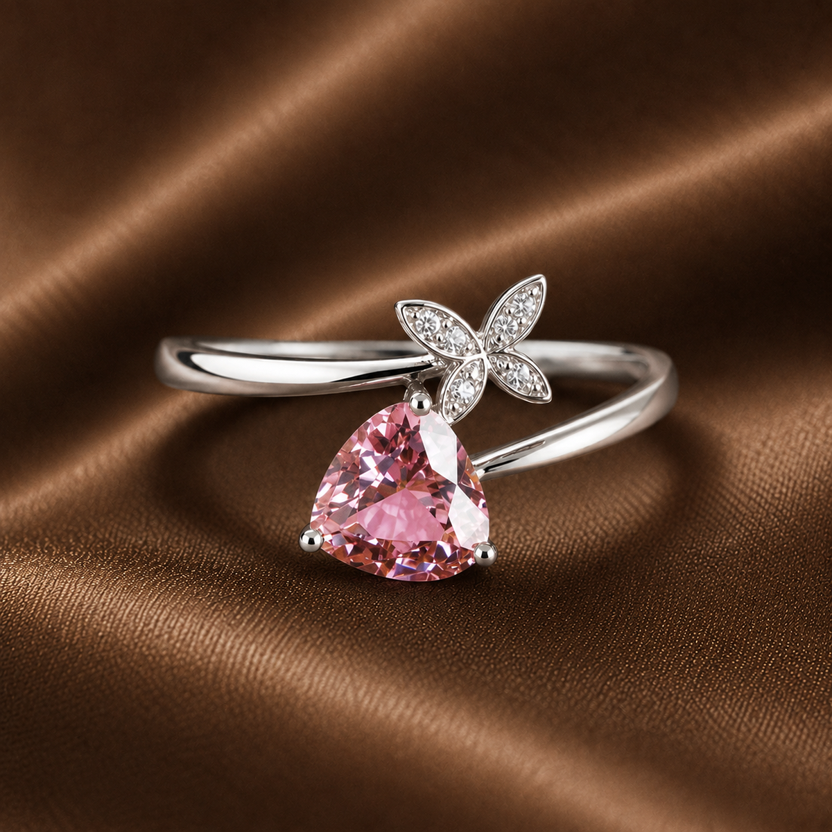 Whimsical Pink Trillion & Butterfly Ring