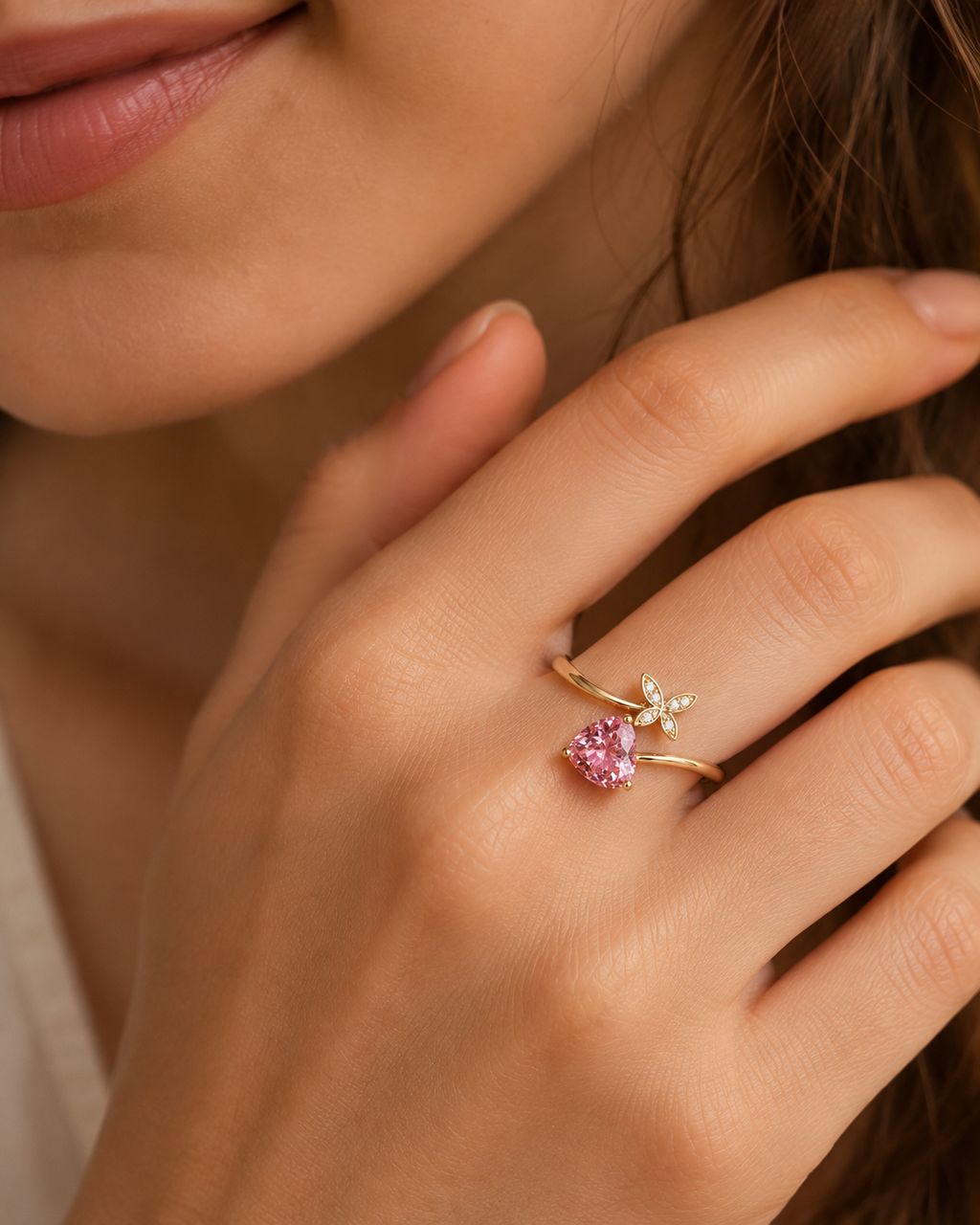 Whimsical Pink Trillion & Butterfly Ring