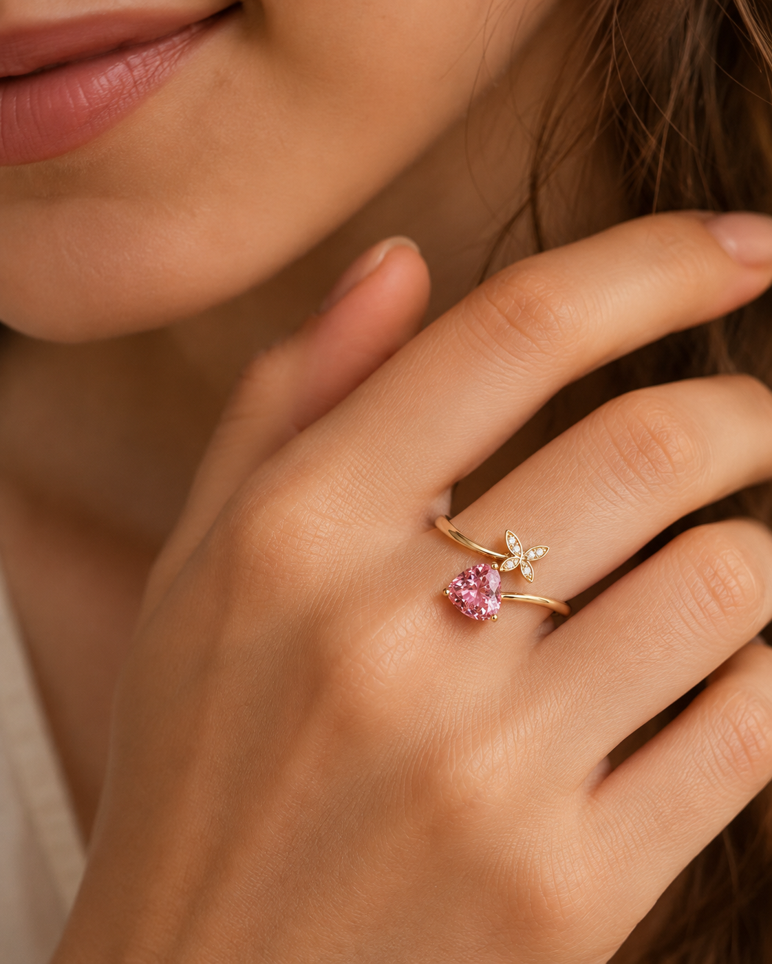 Whimsical Pink Trillion & Butterfly Ring