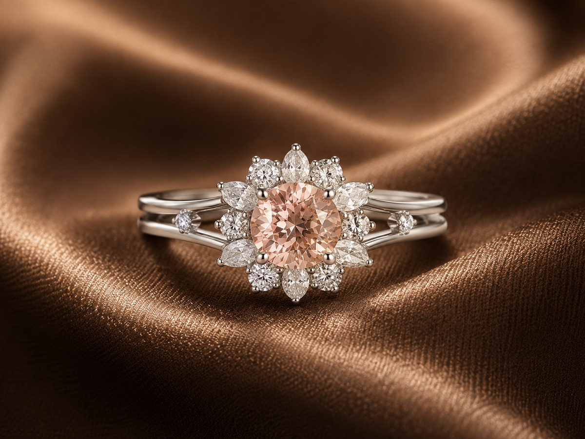 The Peach Sunburst Halo Ring