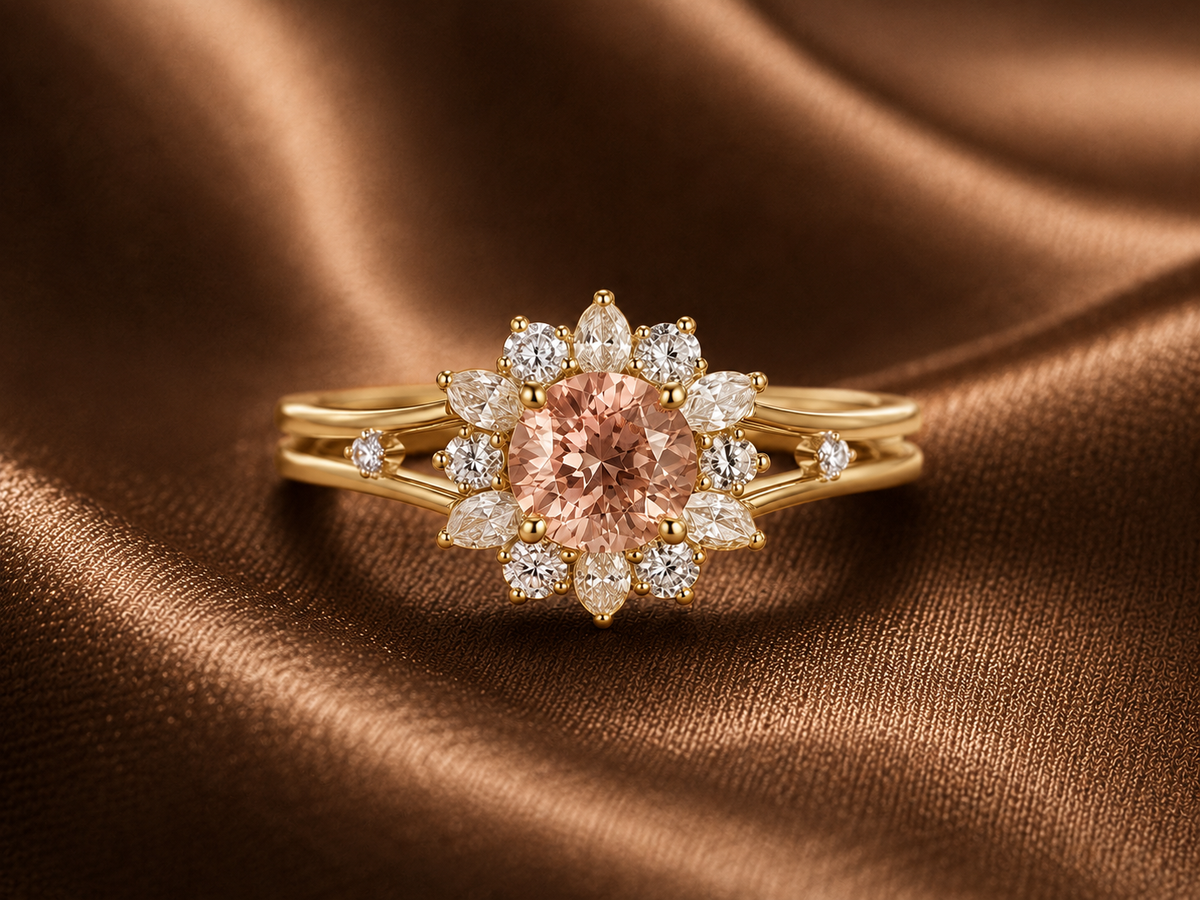 The Peach Sunburst Halo Ring