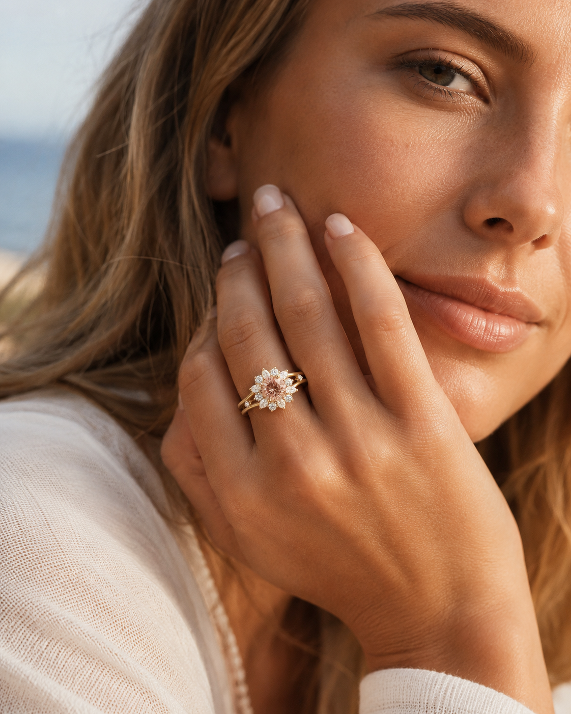 The Peach Sunburst Halo Ring