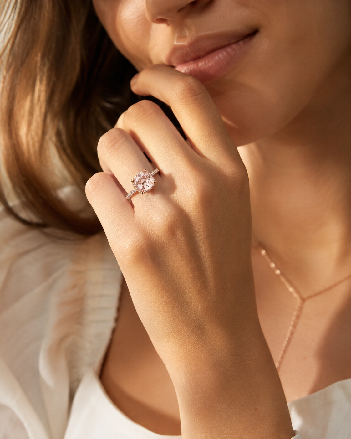 The Blush Cushion Halo Ring