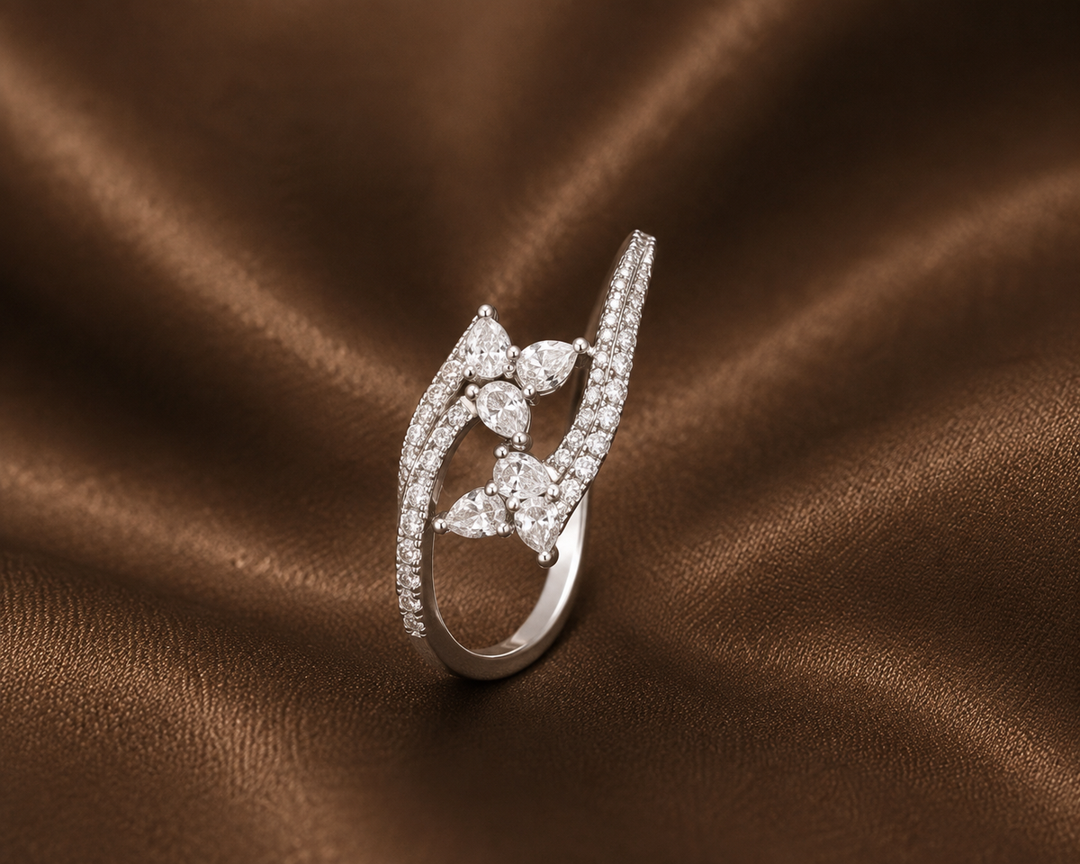 Asymmetric Pavé & Pear Cluster Ring