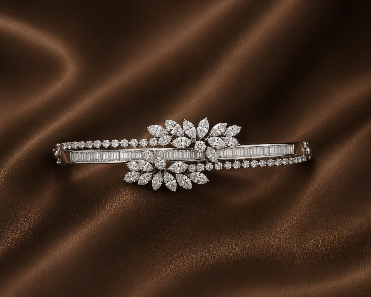 White Gold Floral Baguette Bangle