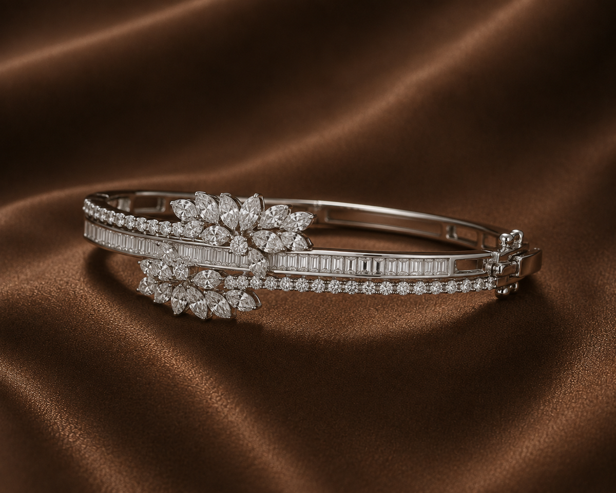 White Gold Floral Baguette Bangle