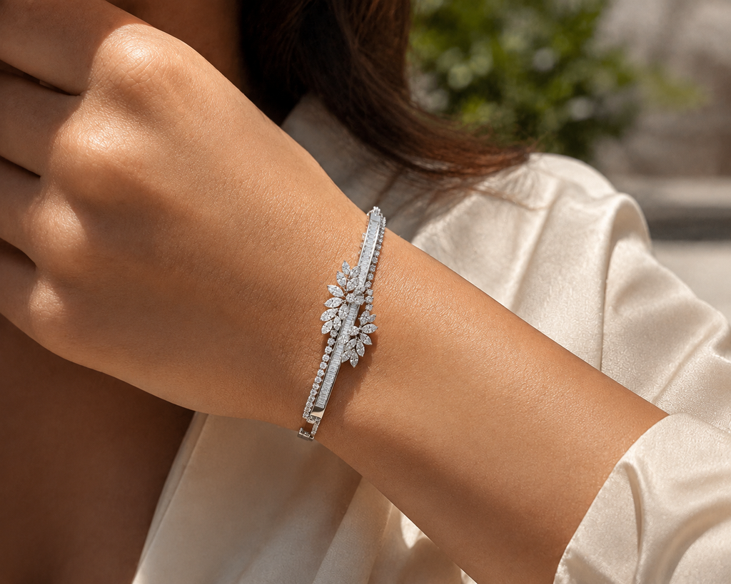 White Gold Floral Baguette Bangle