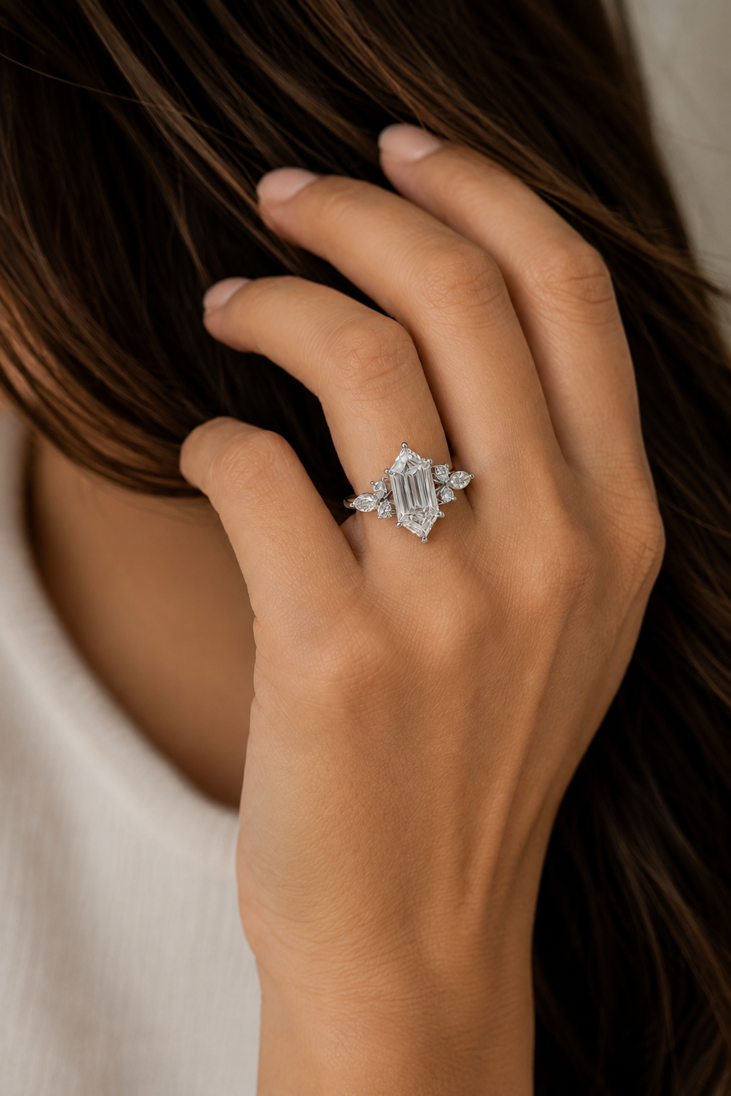 Elongated Hexagon & Cluster Diamond Ring