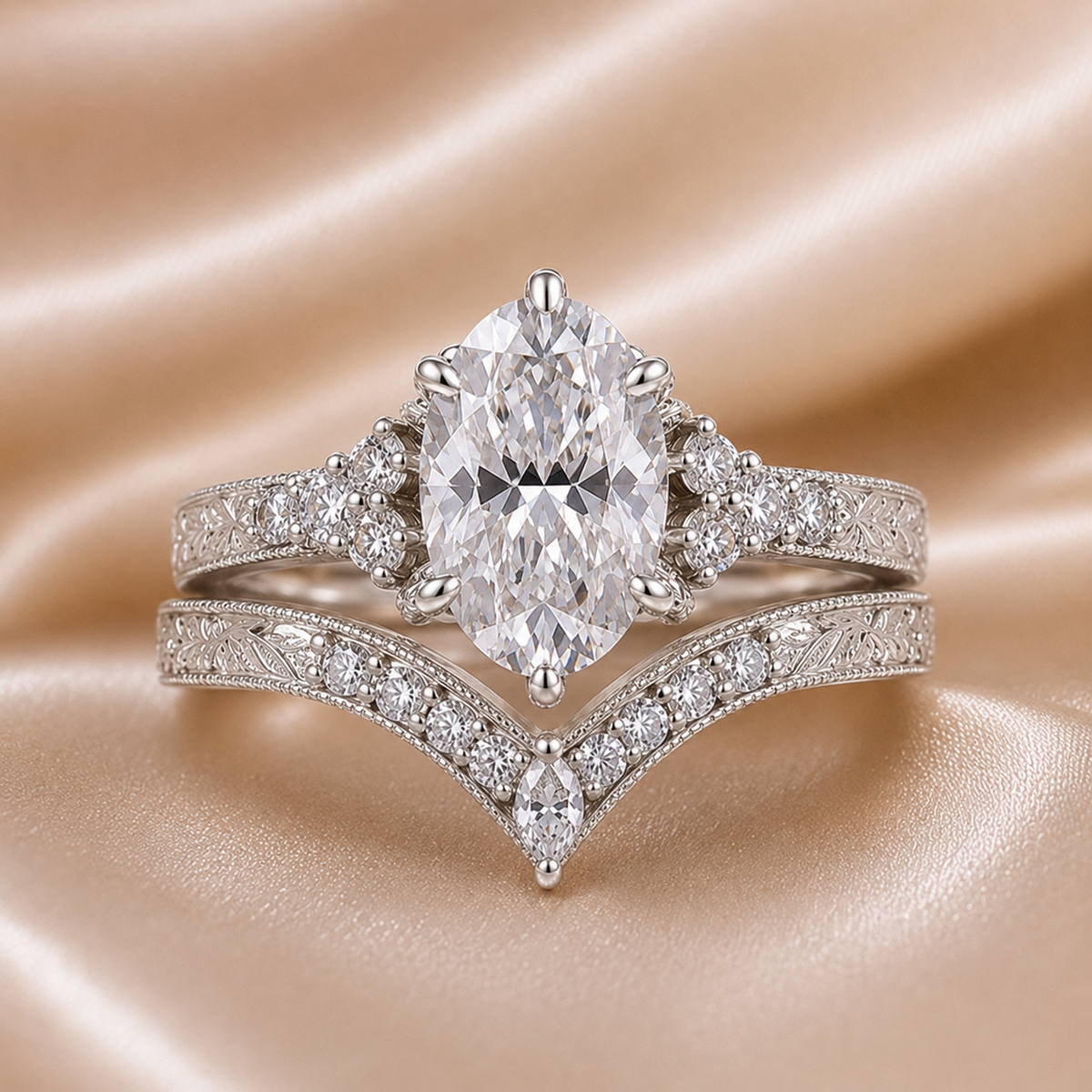 The Royal Crown: IGI Certified Oval Diamond & Chevron Band Set