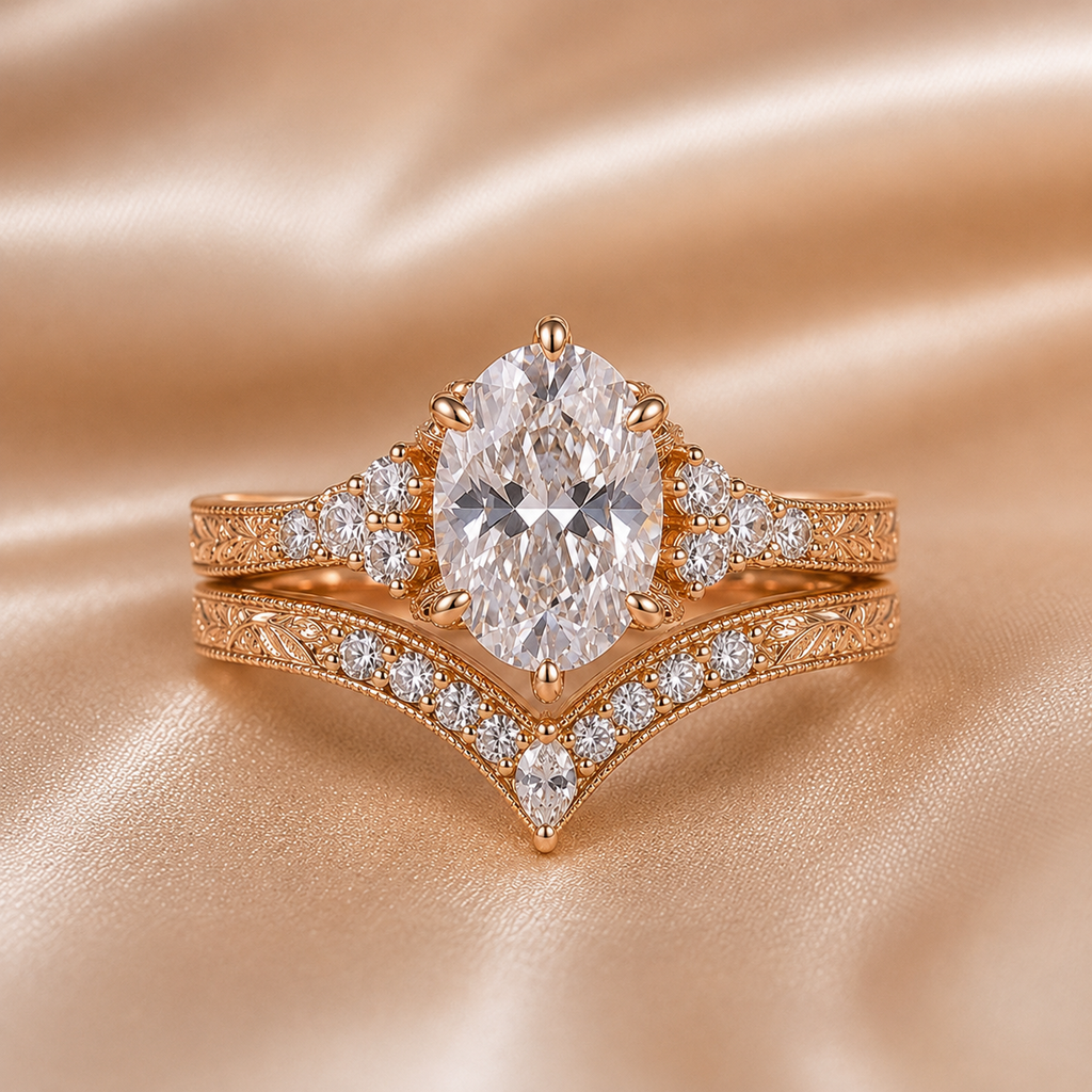 The Royal Crown: IGI Certified Oval Diamond & Chevron Band Set