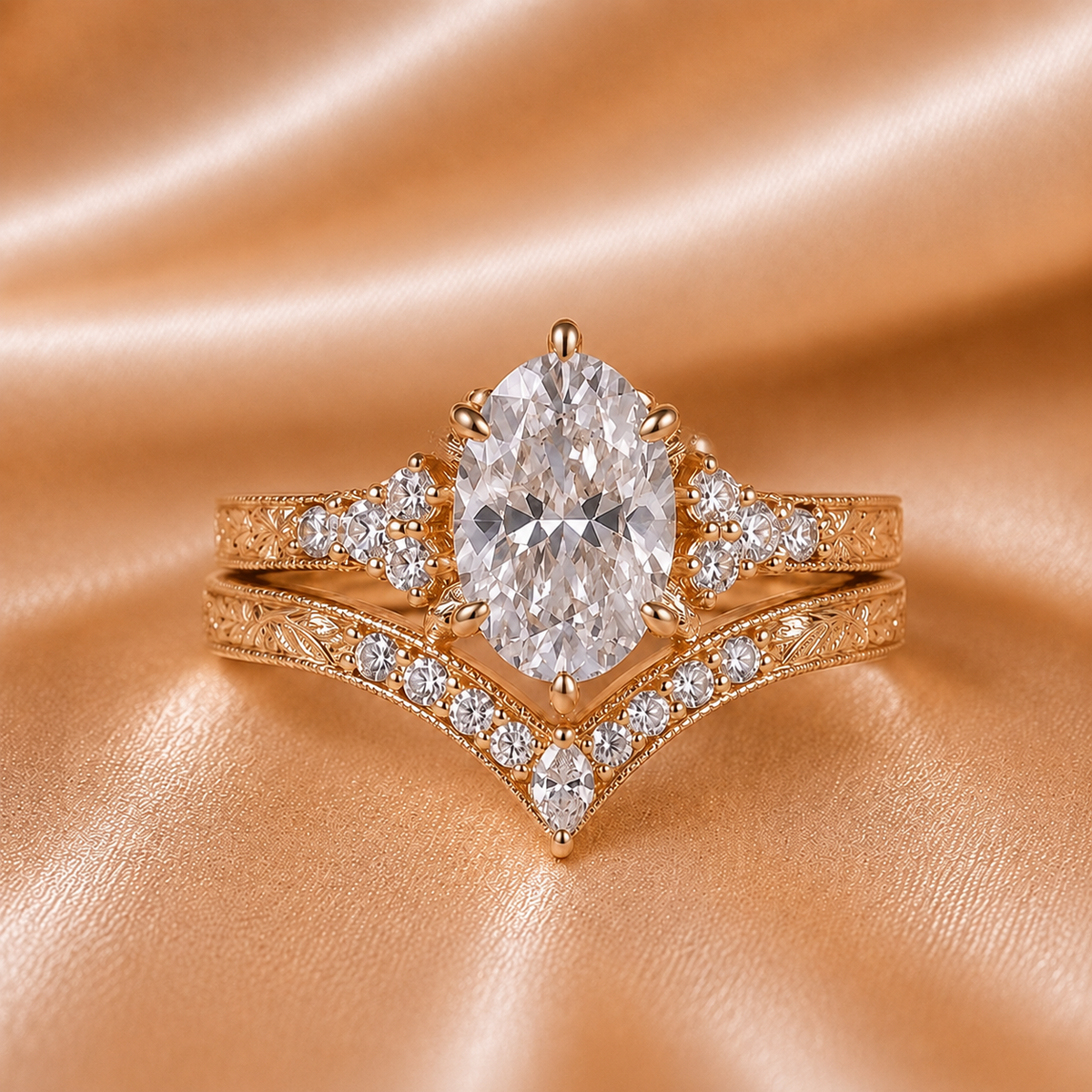 The Royal Crown: IGI Certified Oval Diamond & Chevron Band Set