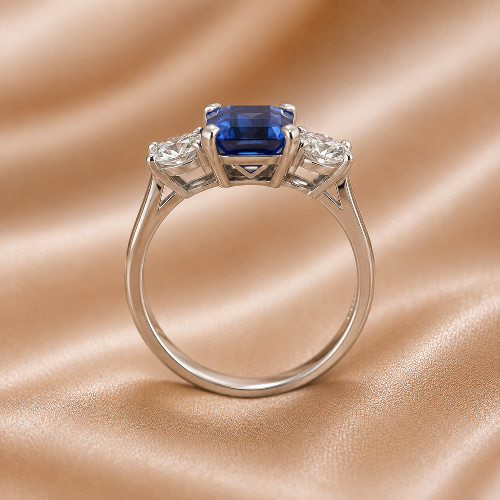 Emerald-Cut Blue Sapphire & Round Diamond Three-Stone Ring