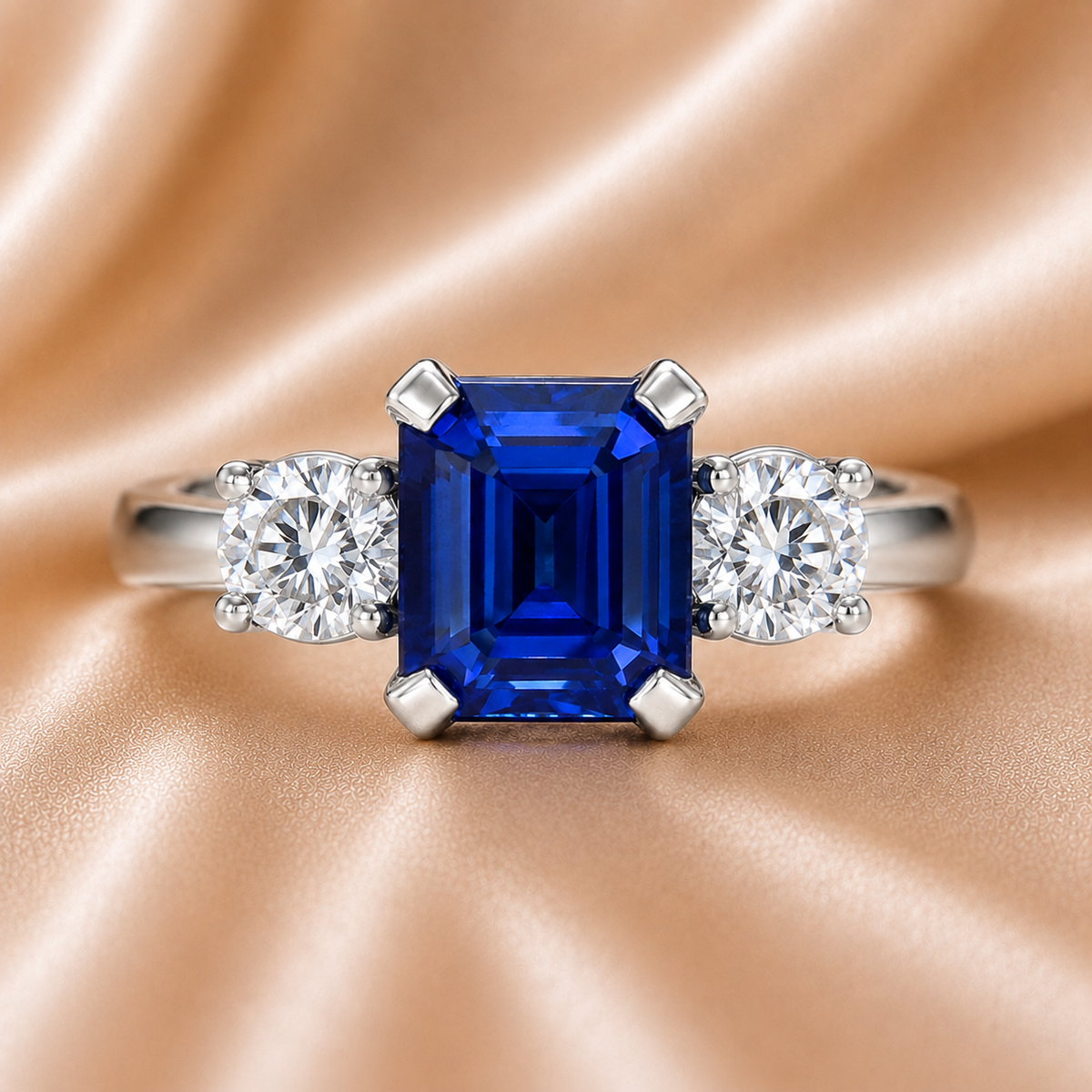Emerald-Cut Blue Sapphire & Round Diamond Three-Stone Ring