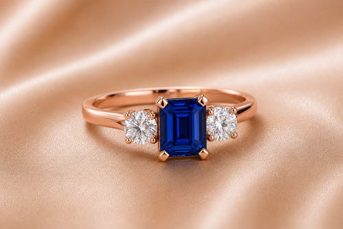 Emerald-Cut Blue Sapphire & Round Diamond Three-Stone Ring