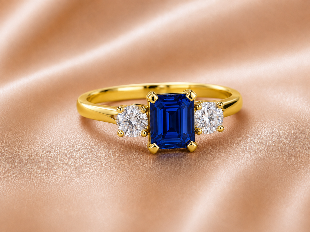 Emerald-Cut Blue Sapphire & Round Diamond Three-Stone Ring