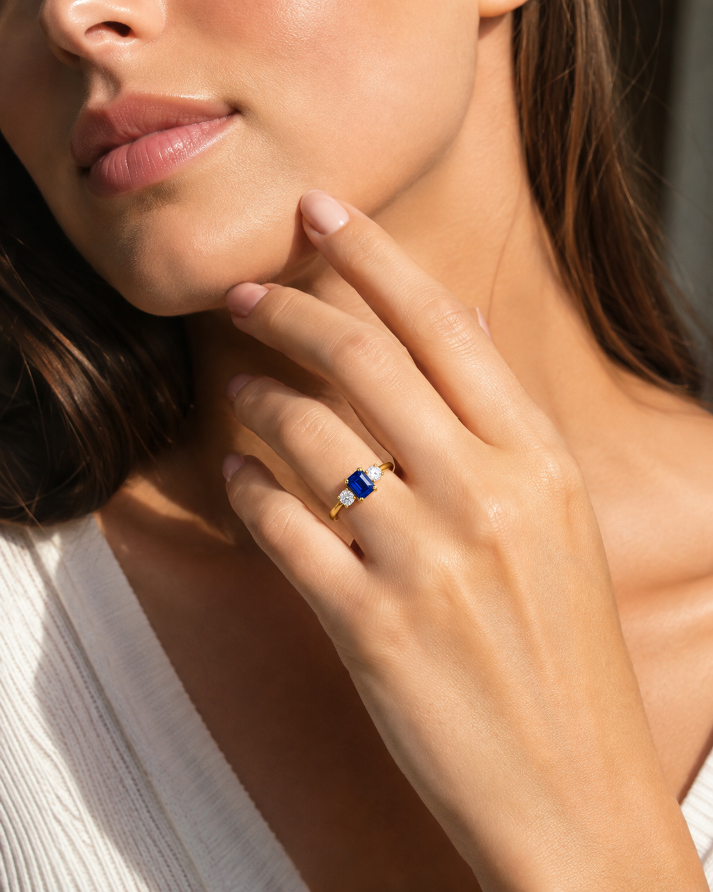 Emerald-Cut Blue Sapphire & Round Diamond Three-Stone Ring
