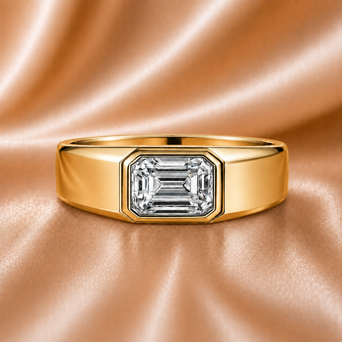 IGI Certified East-West Emerald Cut Diamond Men’s Bezel Band