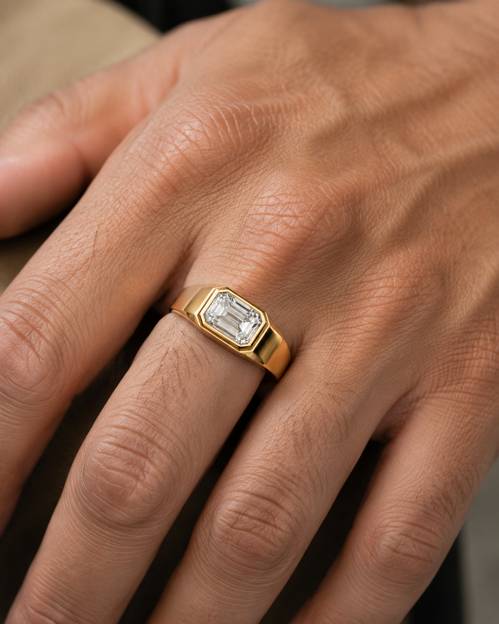 IGI Certified East-West Emerald Cut Diamond Men’s Bezel Band