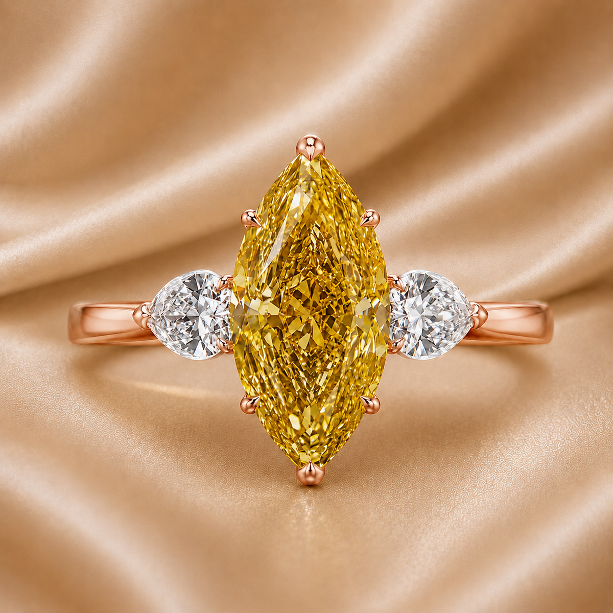 The Sunlit Vow: Fancy Yellow Marquise & Pear Diamond Three-Stone Ring