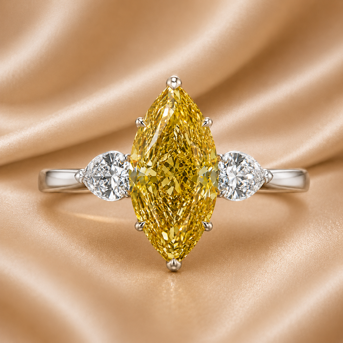 The Sunlit Vow: Fancy Yellow Marquise & Pear Diamond Three-Stone Ring