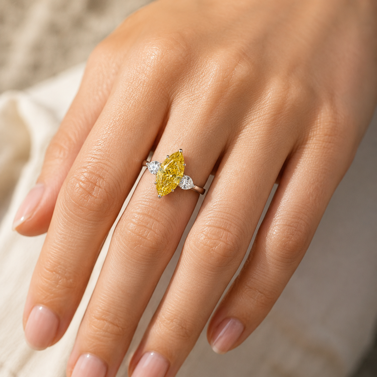 The Sunlit Vow: Fancy Yellow Marquise & Pear Diamond Three-Stone Ring