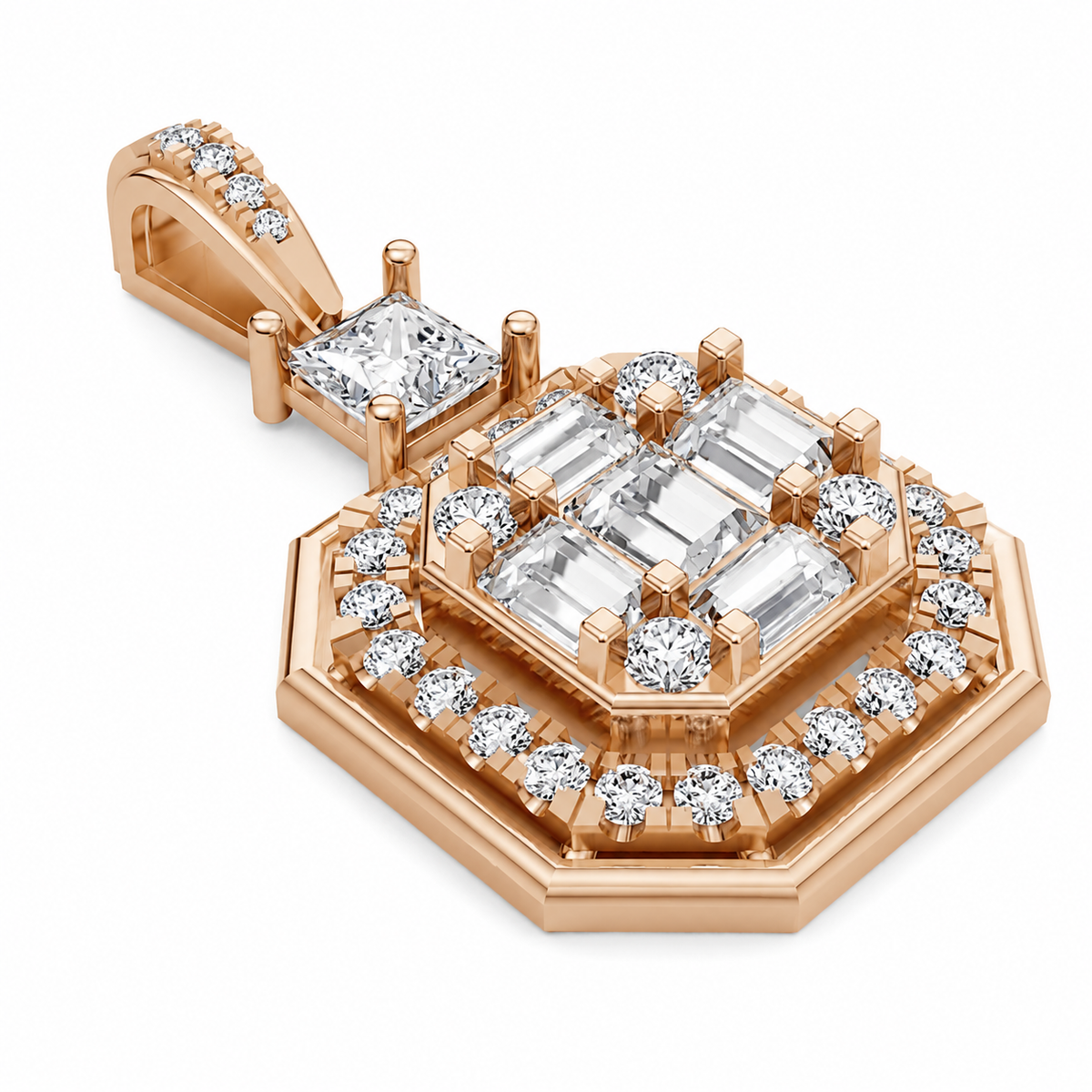 Certified Lab-Grown Diamond Geometric Pendant in Solid Gold (Princess, Baguette & Round Cuts)
