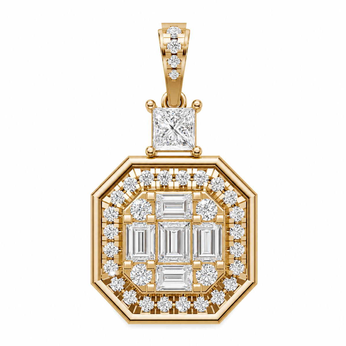 Certified Lab-Grown Diamond Geometric Pendant in Solid Gold (Princess, Baguette & Round Cuts)