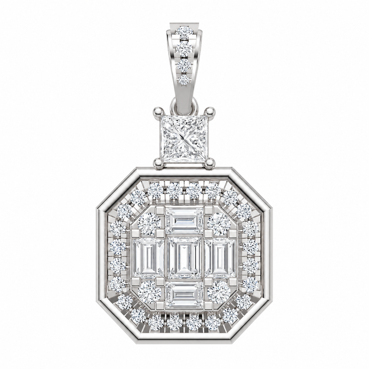 Certified Lab-Grown Diamond Geometric Pendant in Solid Gold (Princess, Baguette & Round Cuts)