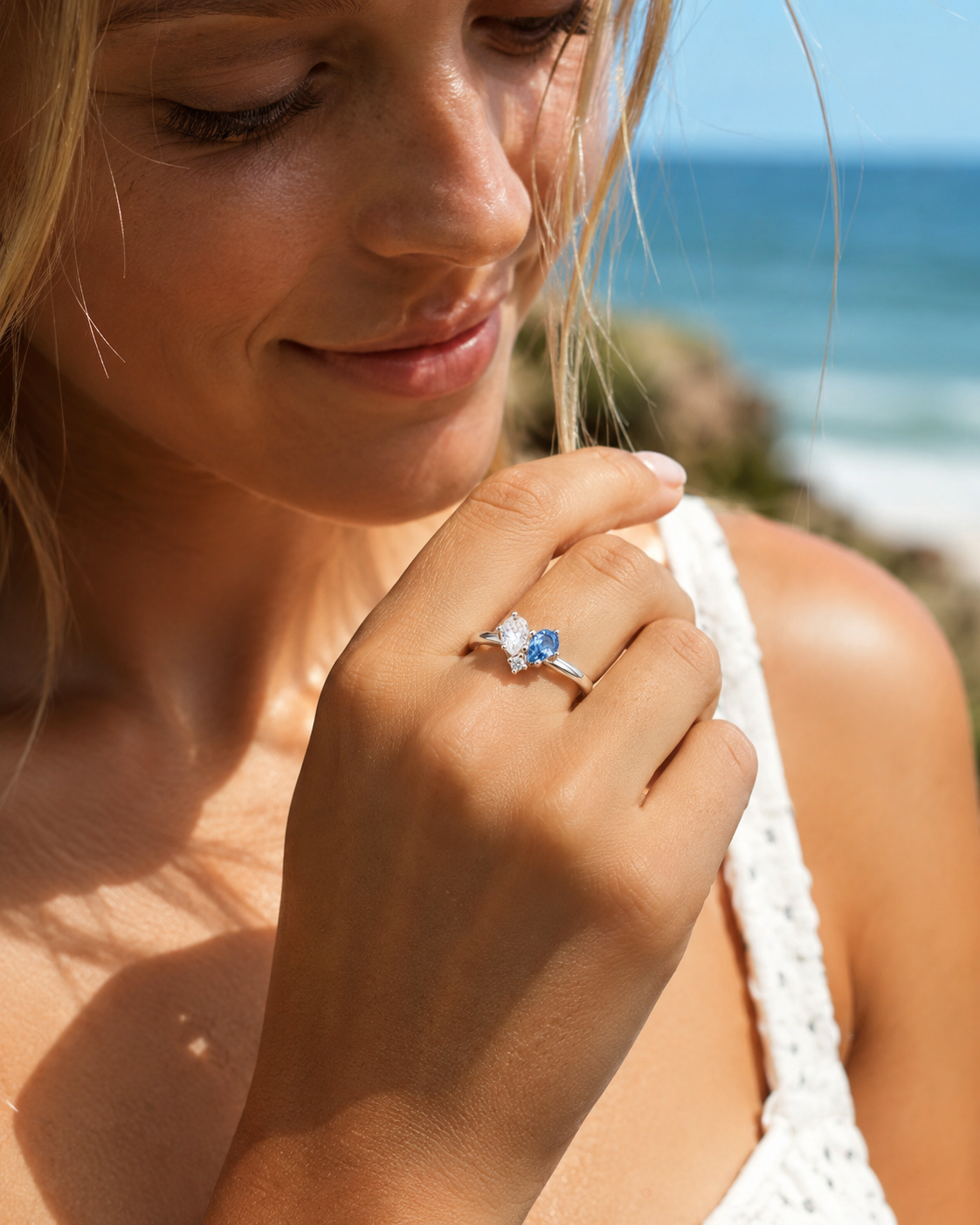Toi et Moi Pear Diamond & Blue Sapphire Ring