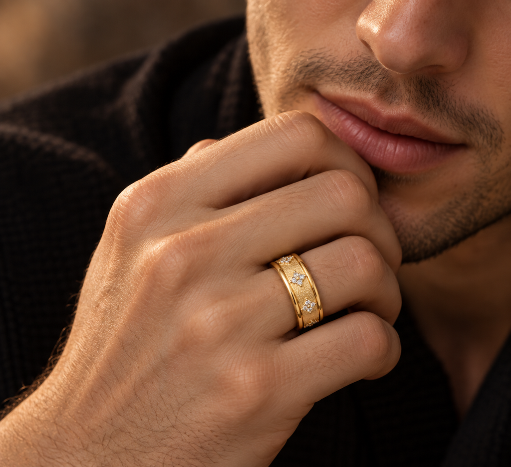 The Ironclad Diamond Ring | Stippled Gold Band
