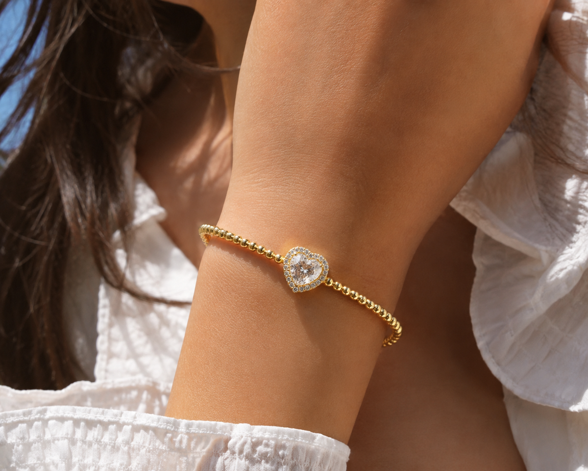 Gold Beaded Heart Diamond Bracelet
