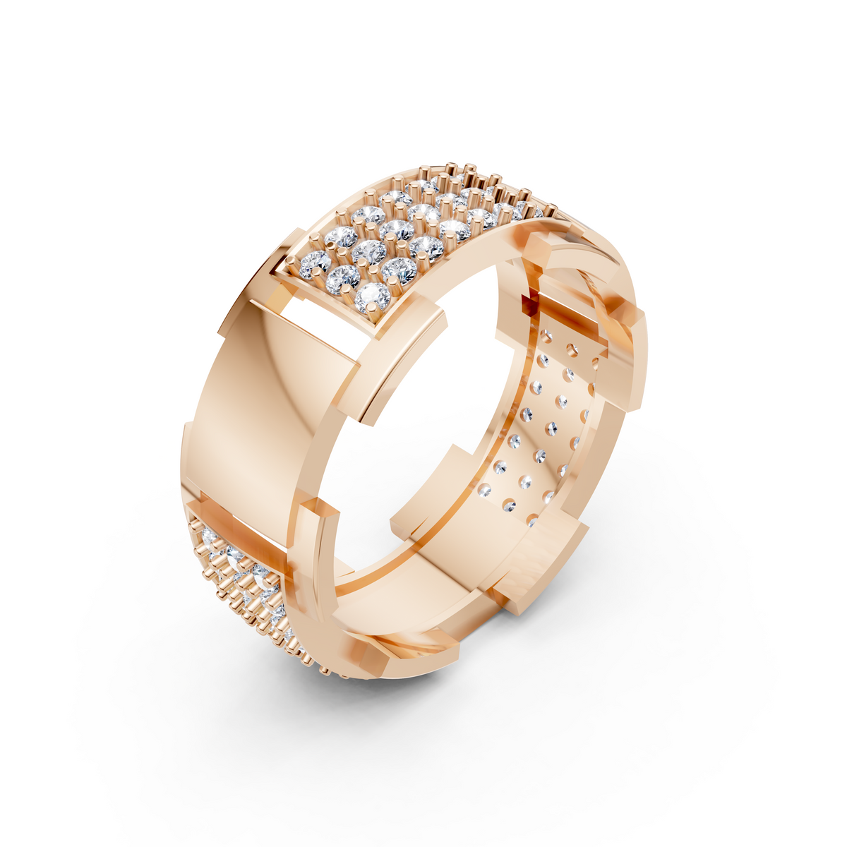 Certified Natural Diamond Women’s Architectural Wide Statement Ring in Solid Gold